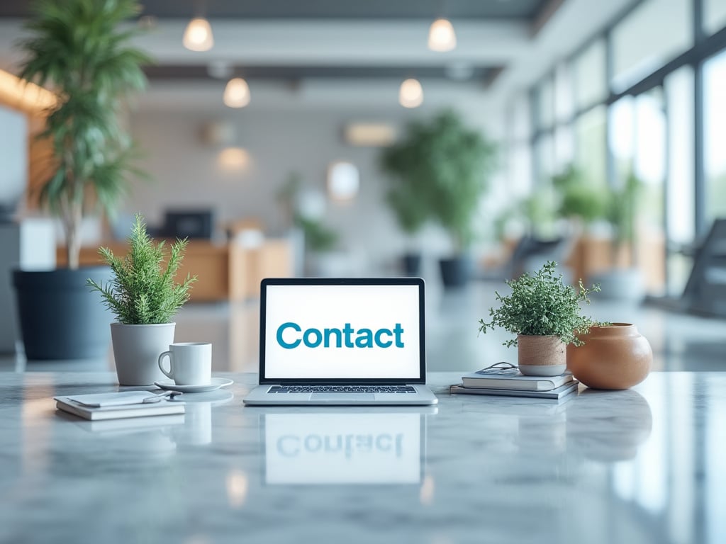 Portátil sobre mesa con pantalla que muestra la palabra 'Contact', rodeado de plantas y libros en oficina moderna.
Portátil sobre mesa con pantalla que muestra la palabra 'Contact', rodeado de plantas y libros en oficina moderna.