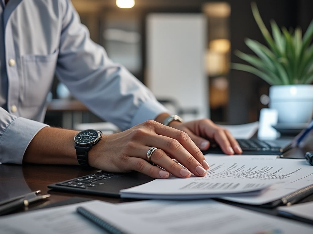 Manos de una persona trabajando en una oficina, revisando documentos y usando una calculadora.
Manos de una persona trabajando en una oficina, revisando documentos y usando una calculadora.